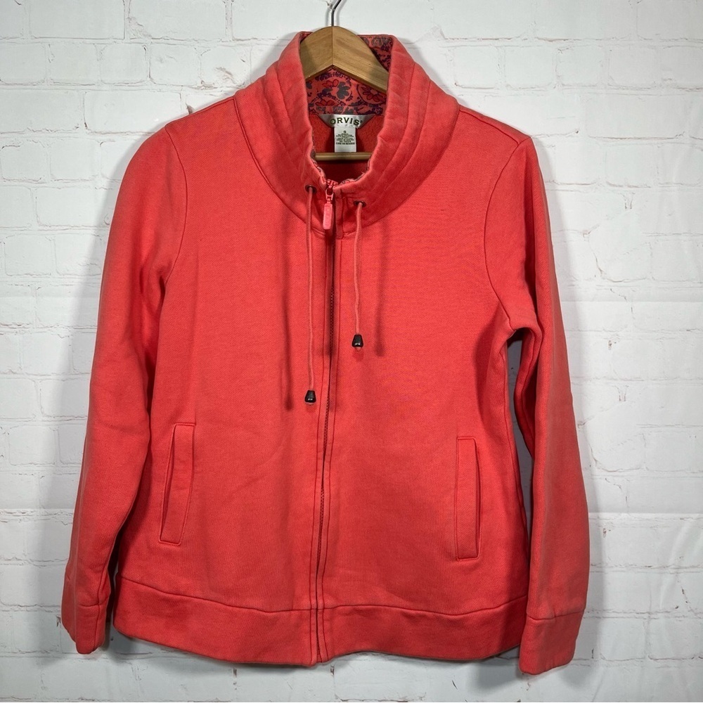 Orvis Full Zip Sweatshirt Womens Small Orange High Neck Floral Pattern